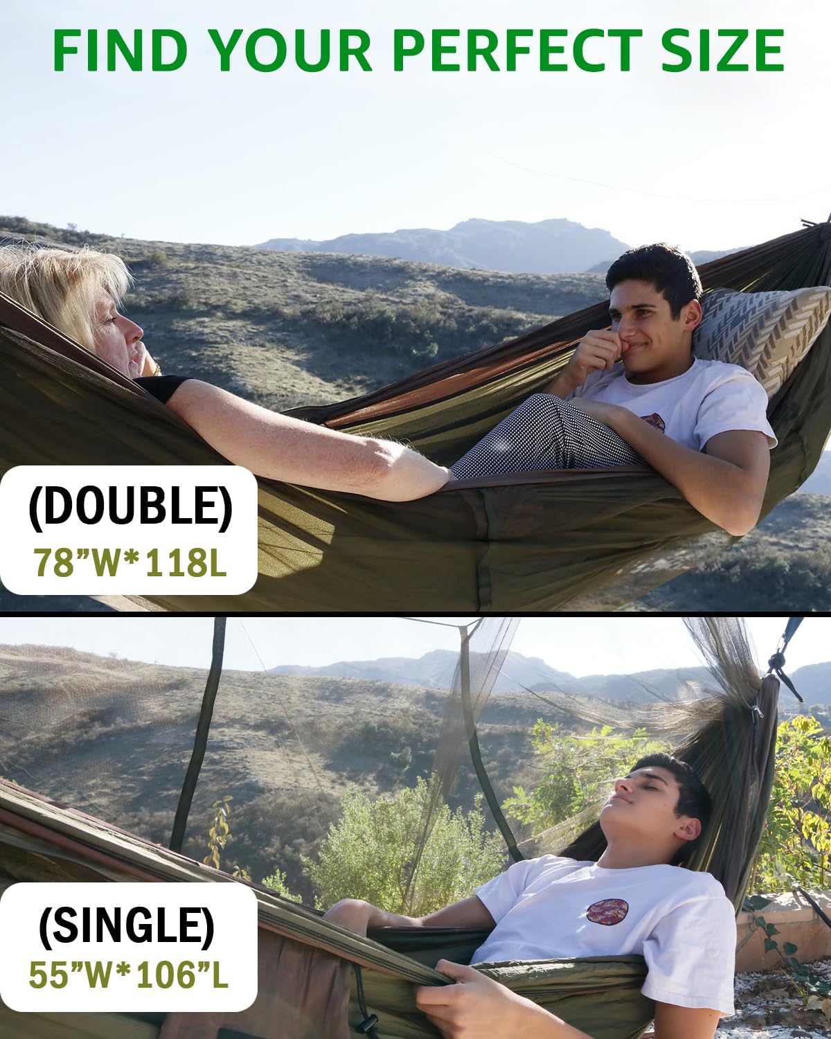 MossWatt Camping Hammock | Double & Single with Bug Net, Tree Straps