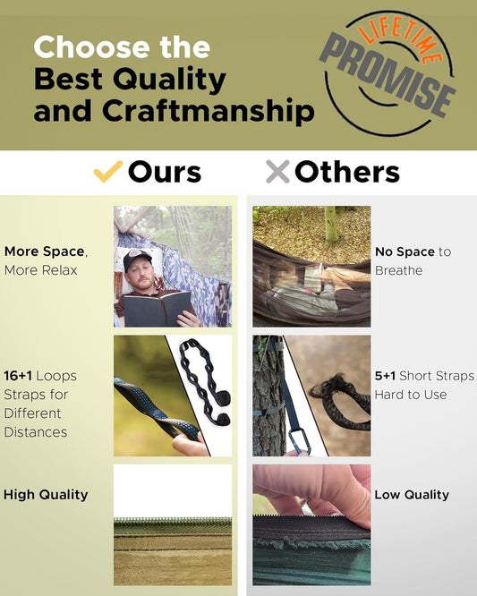 MossWatt Camping Hammock | Double & Single with Bug Net, Tree Straps